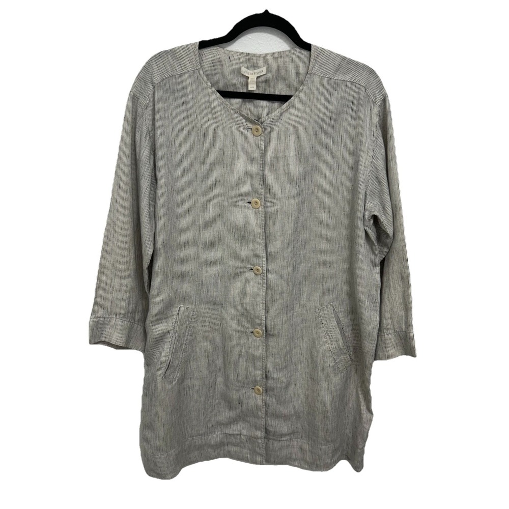 Eileen Fisher 100% Organic Linen Pinstriped Long Sleeve Jacket Size M Lagenlook